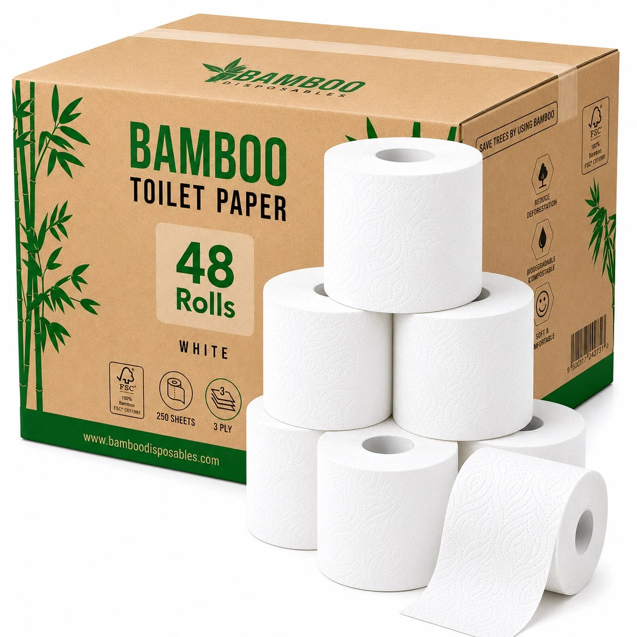 3-laags premium wit bamboe toiletpapier in een doos van 48 rollen