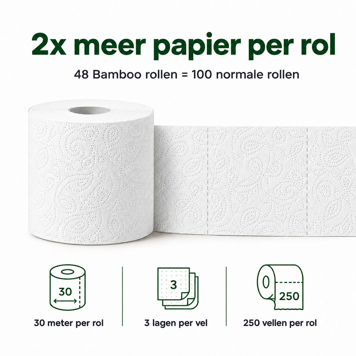 Witte 3-laags bamboerol met 250 vellen en 30 meter per rol