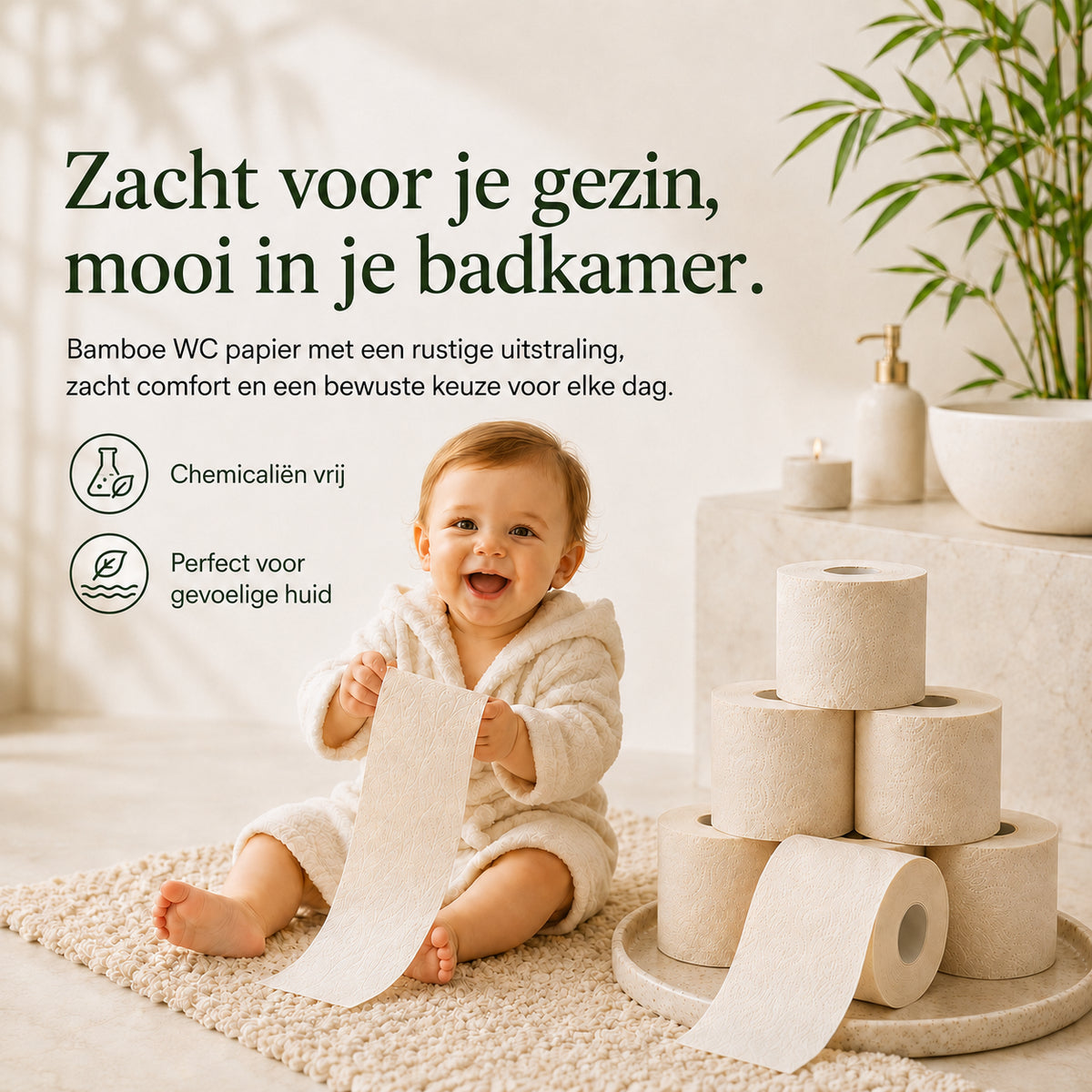 Ongebleekt 3-laags bamboe toiletpapier, zacht comfort voor dagelijks gebruik
