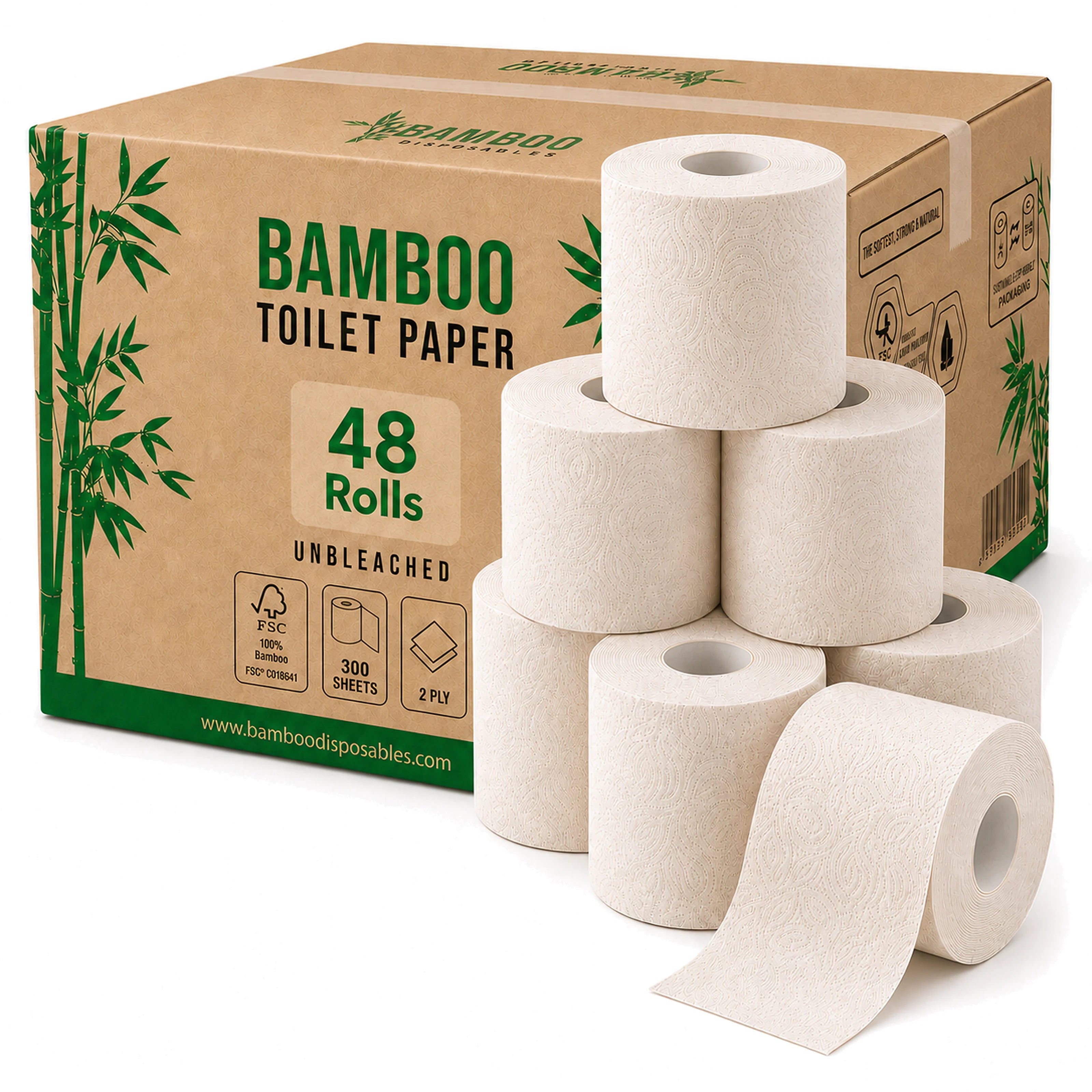 2-laags ongebleekt bamboe toiletpapier in een doos van 48 rollen